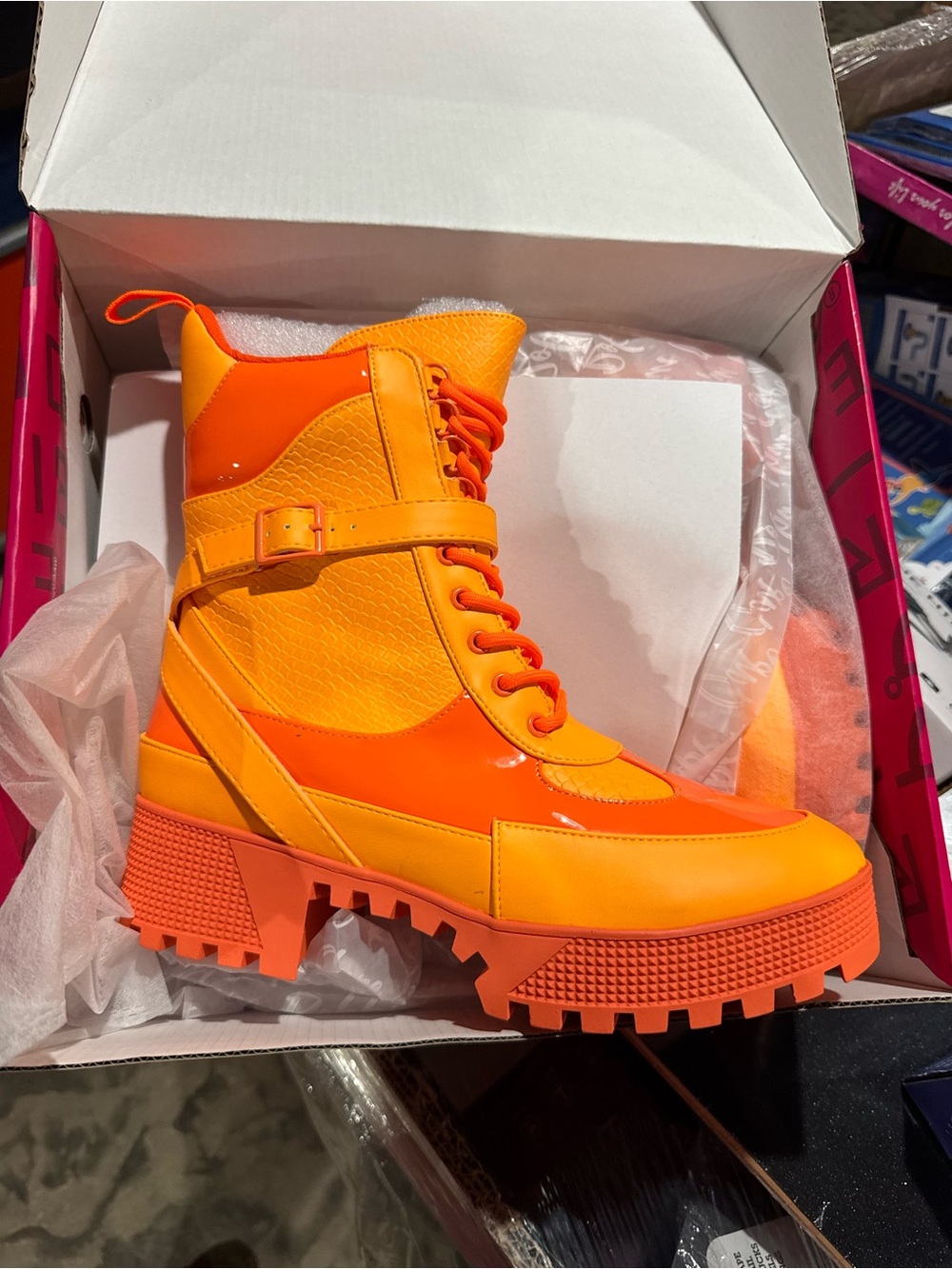 Bold  Orange Platform Combat Boots.